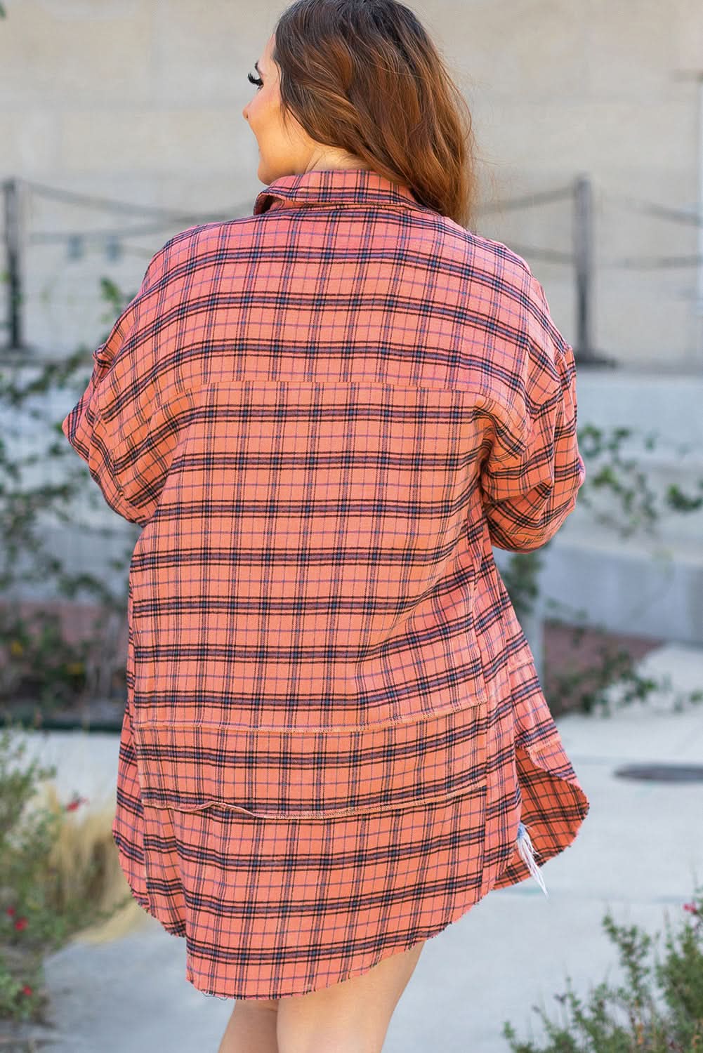 Red Plaid Long Sleeeve Side Split Distressed Hem Shirt - Love Salve